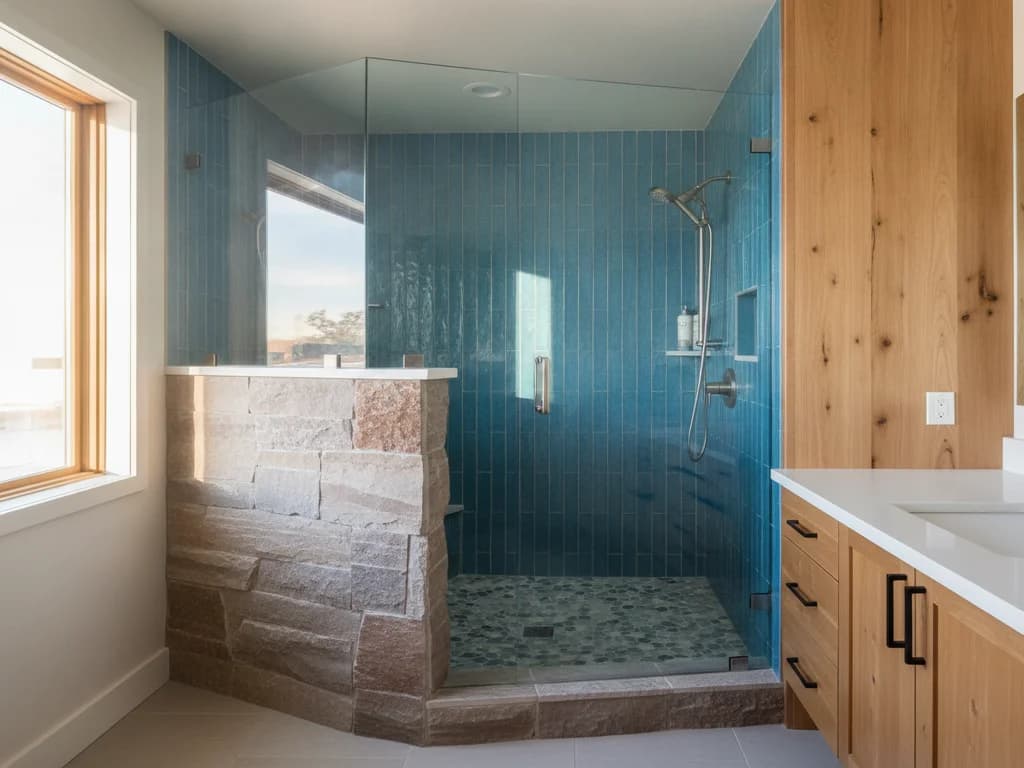 Corner shower with a stone half-wall knee wall topped by a custom-cut frameless glass panel