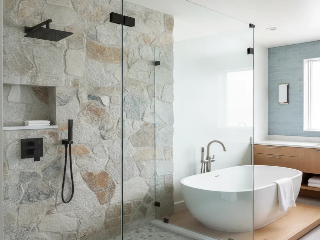 Close-up of black hinge hardware mounted directly to a frameless glass shower panel against a natural stone wall, with a matte black rain shower head and handheld sprayer
