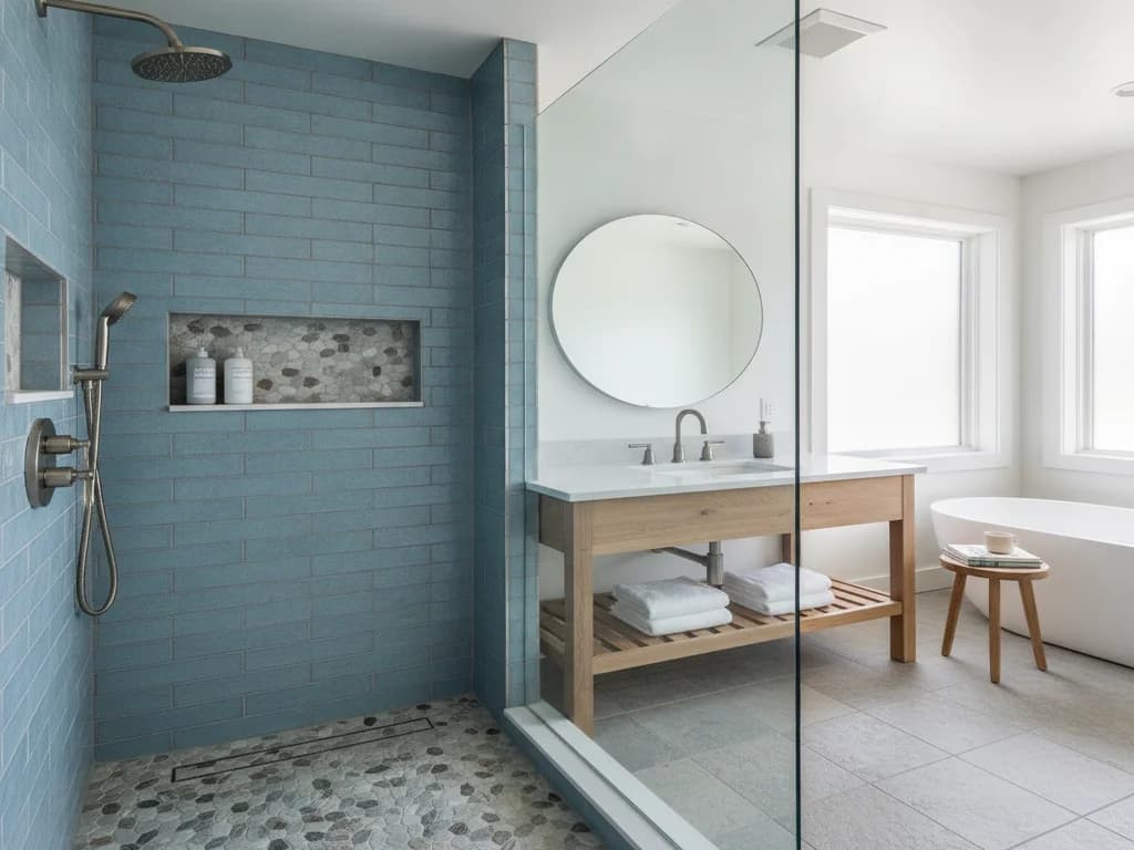 Blue-tiled walk-in shower with two recessed niches on adjacent walls at different heights, one lined with pebble mosaic