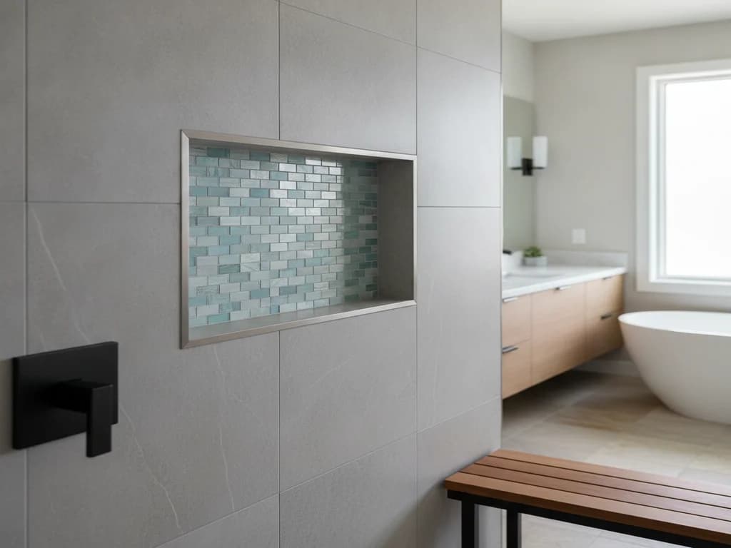 Close-up of a shower niche finished with contrasting glass mosaic tile inside a large-format porcelain tile wall