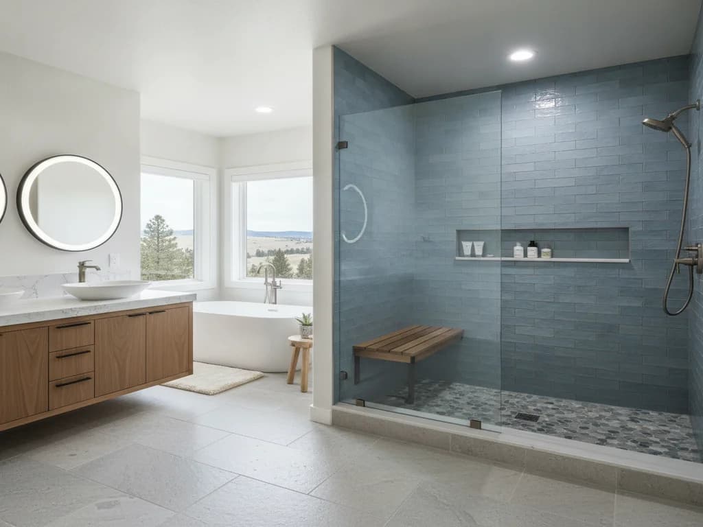 Retiled walk-in shower with a recessed niche and built-in bench