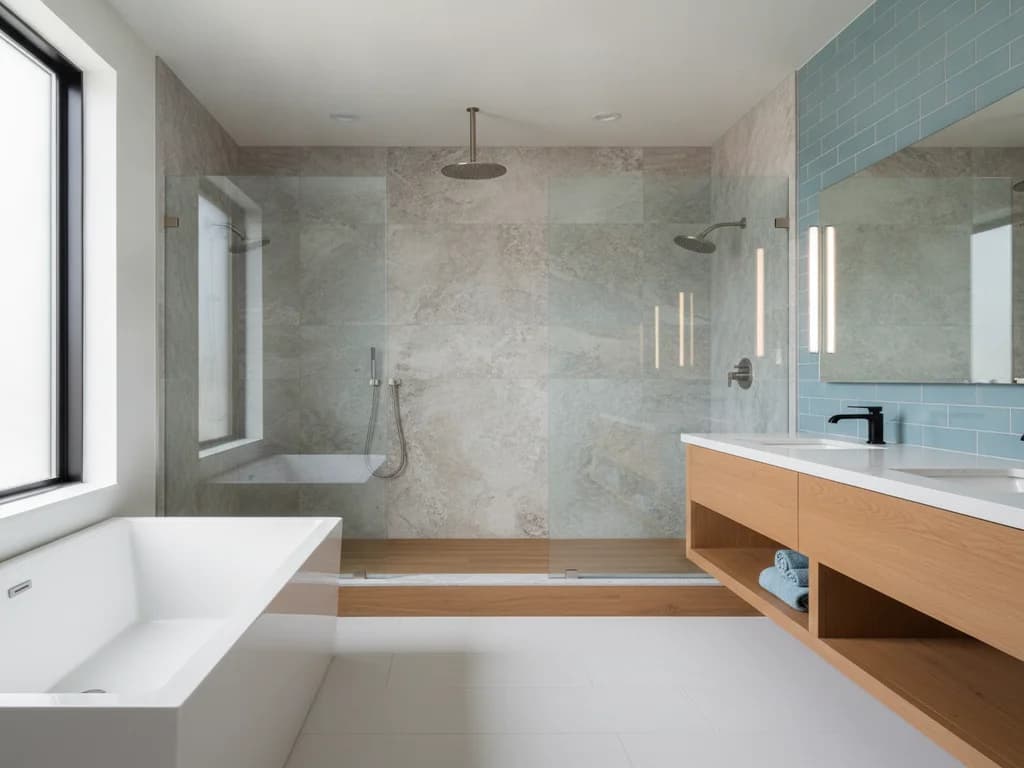 Premium frameless shower with rainfall showerhead and stone-look tile