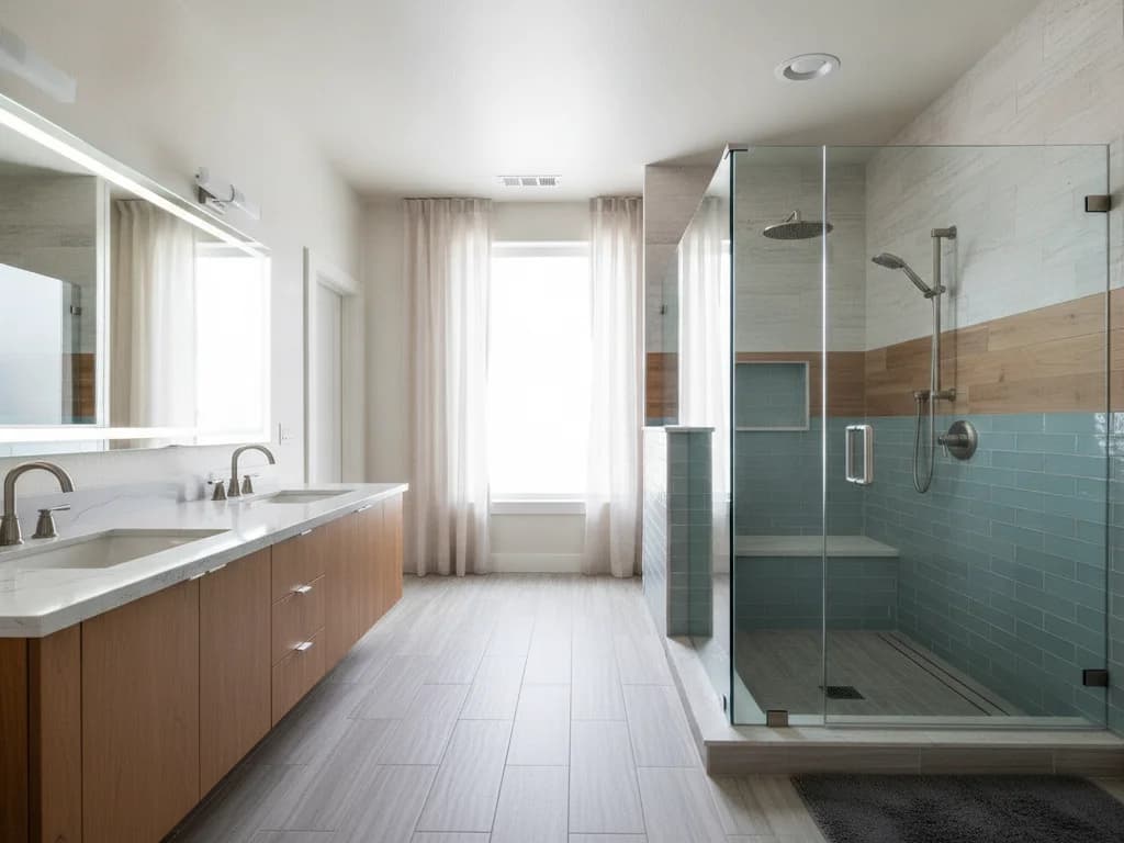 Shower enclosure with a two-tone wall combining a wood-look upper band and tile lower band, sheer curtains at a nearby window