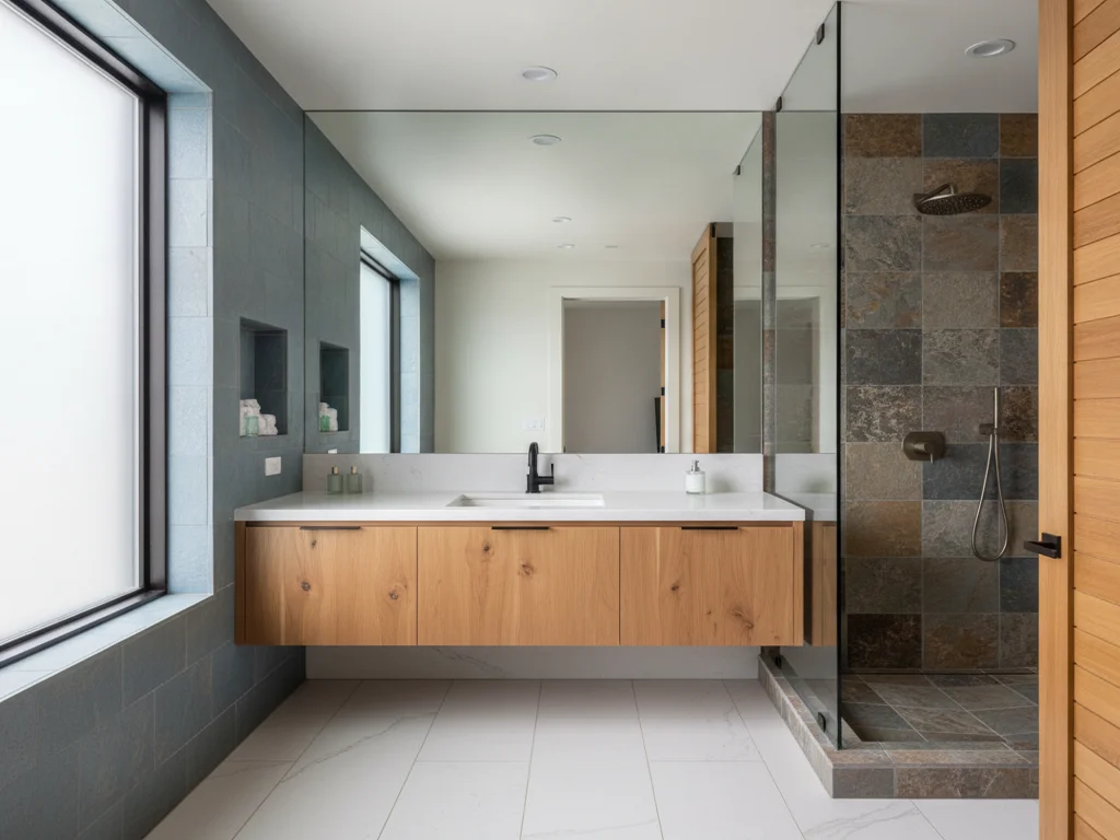 Large frameless mirror spanning a vanity wall, reflecting an adjoining stone-tiled walk-in shower