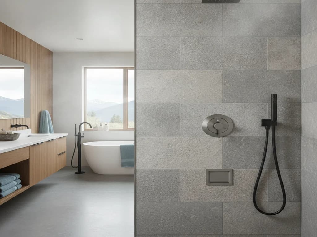 Steam shower control panel and steamhead detail on a large-format tile wall with a handheld showerhead
