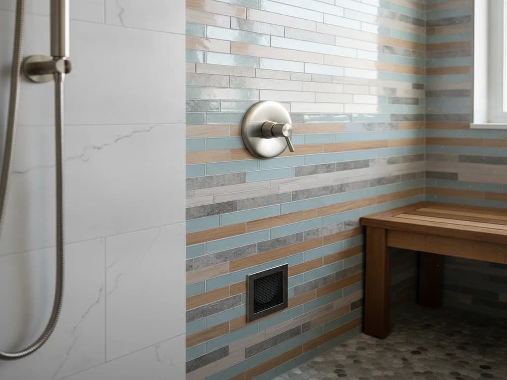 Close-up of a wet-rated steam shower control panel set into a tiled corner wall with a visible steam vent
