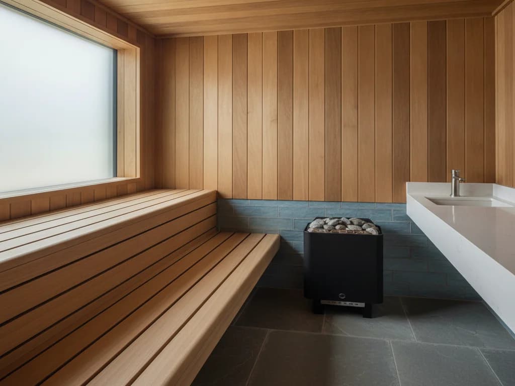 Close-up of a cedar sauna bench and an electric heater filled with rocks inside a wood-paneled sauna room