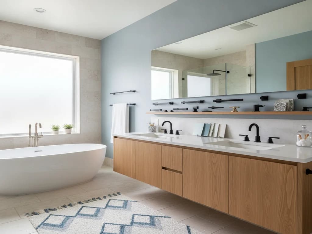 Bathroom hardware, accessories, and paint samples representing easy-to-swap trend elements