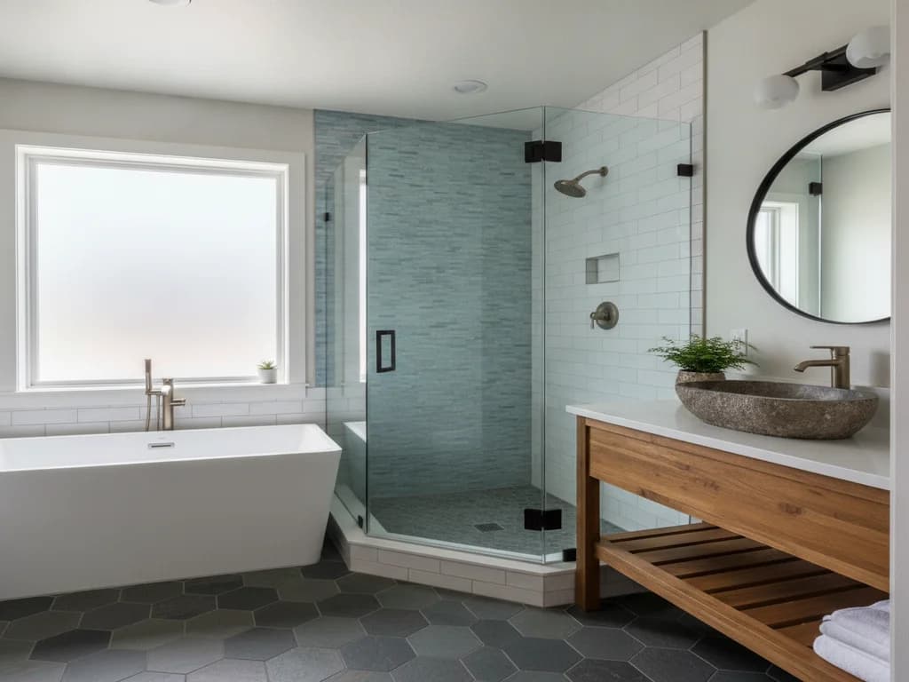 Corner neo-angle shower conversion in a small bathroom