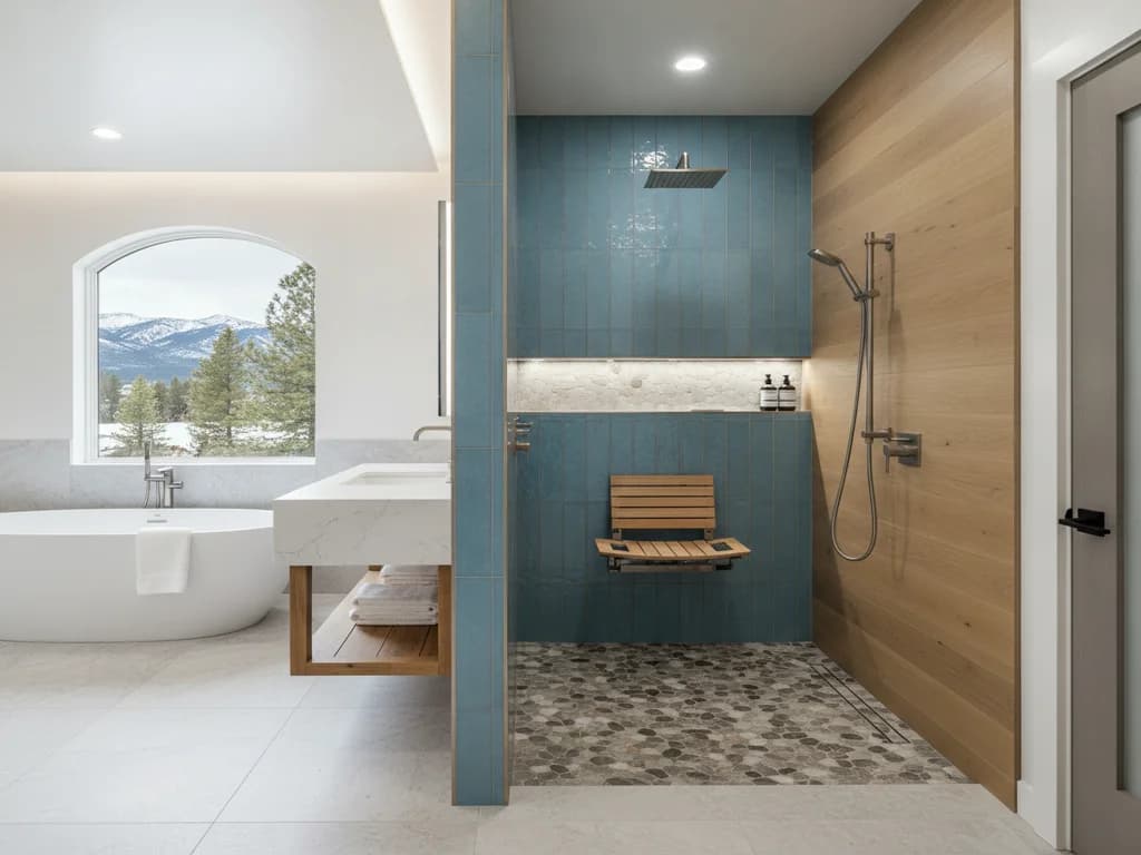 Curbless converted shower with a fold-down bench and recessed niche