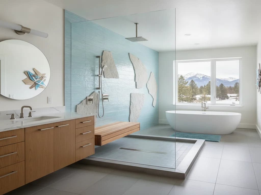 Doorless curbless walk-in shower with a built-in bench and linear drain