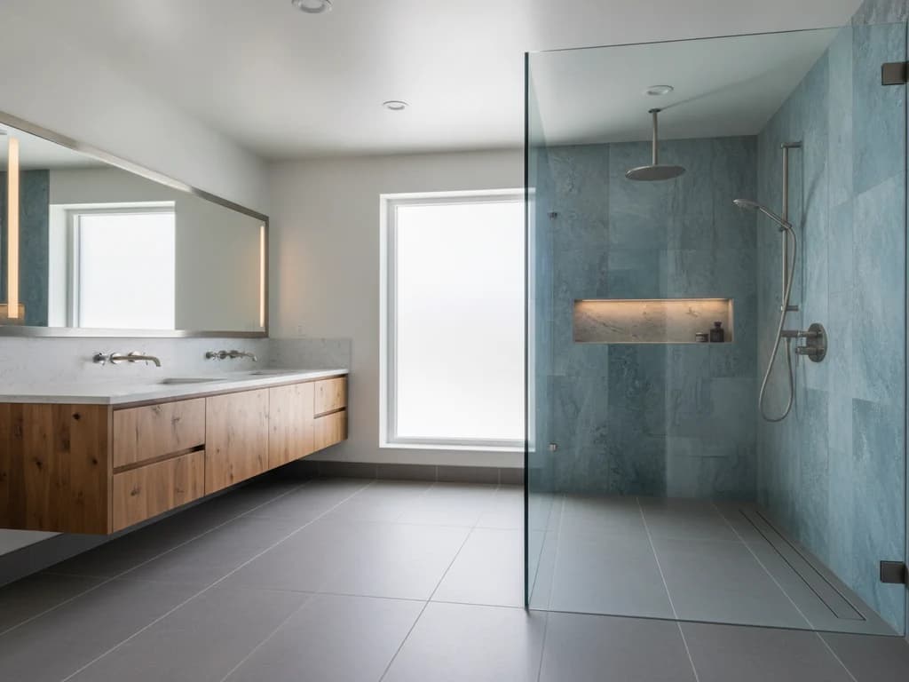 Walk-in shower with a narrow linear slot drain set into gray tile flooring near the glass panel, teak bench along the tiled wall