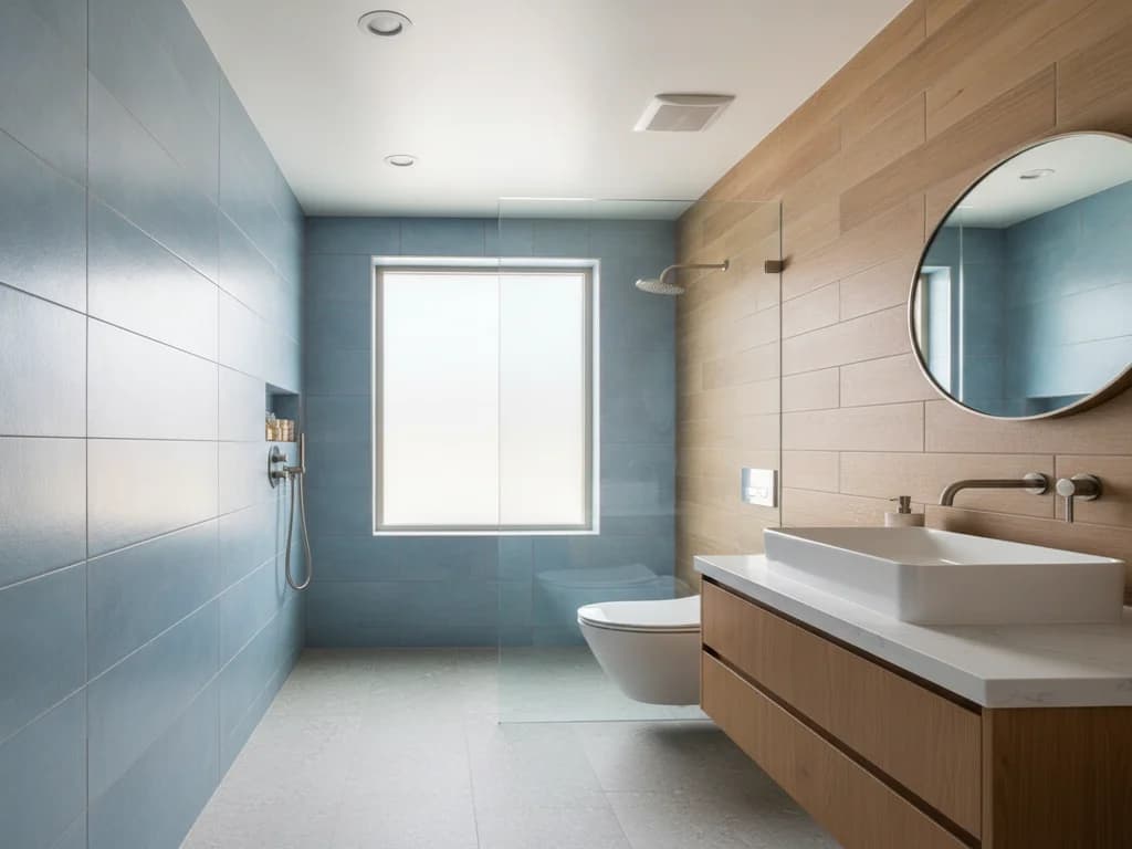 Small wet room bathroom with recessed wet-rated lighting, a wall-hung toilet, and tiled walls