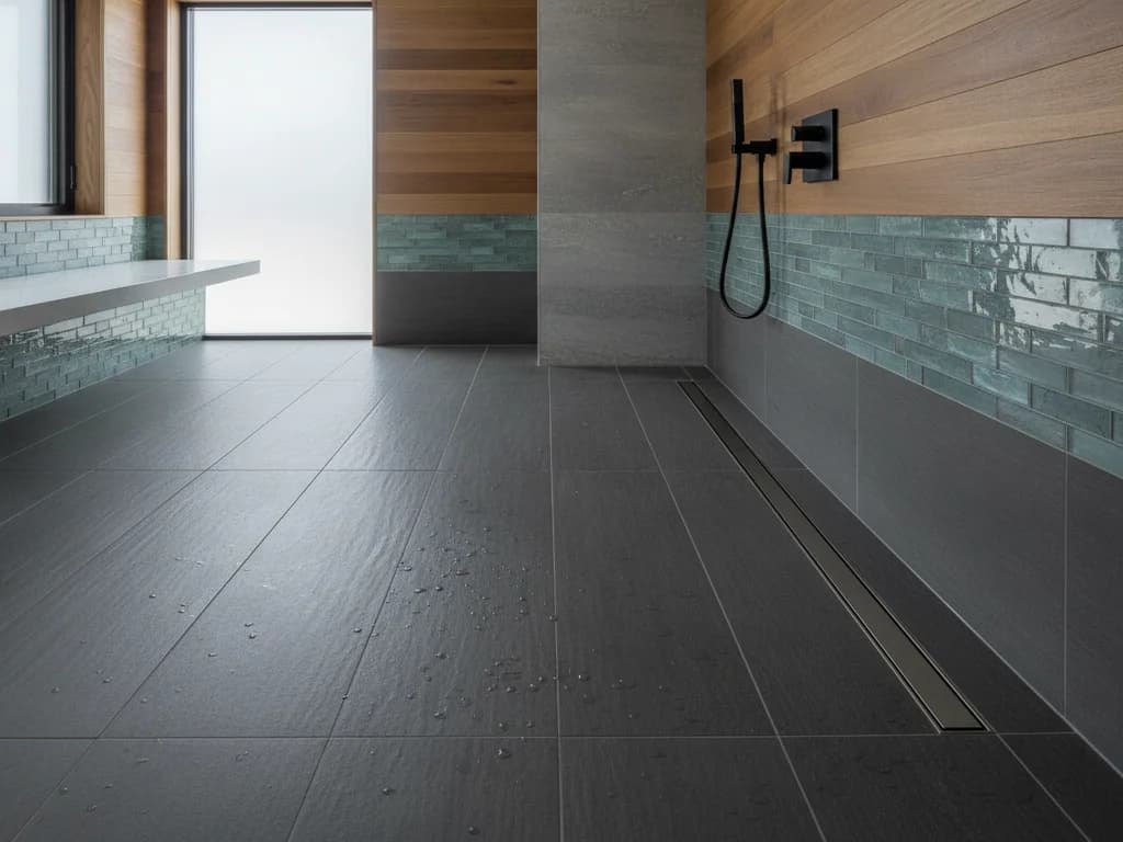 Close-up of a wet room floor showing sloped matte porcelain tile leading to a linear drain with no curb or threshold