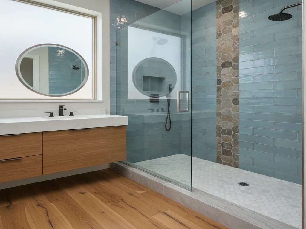 Close-up of a walk-in shower frameless glass door and low tiled curb, with the dry bathroom floor visible just outside