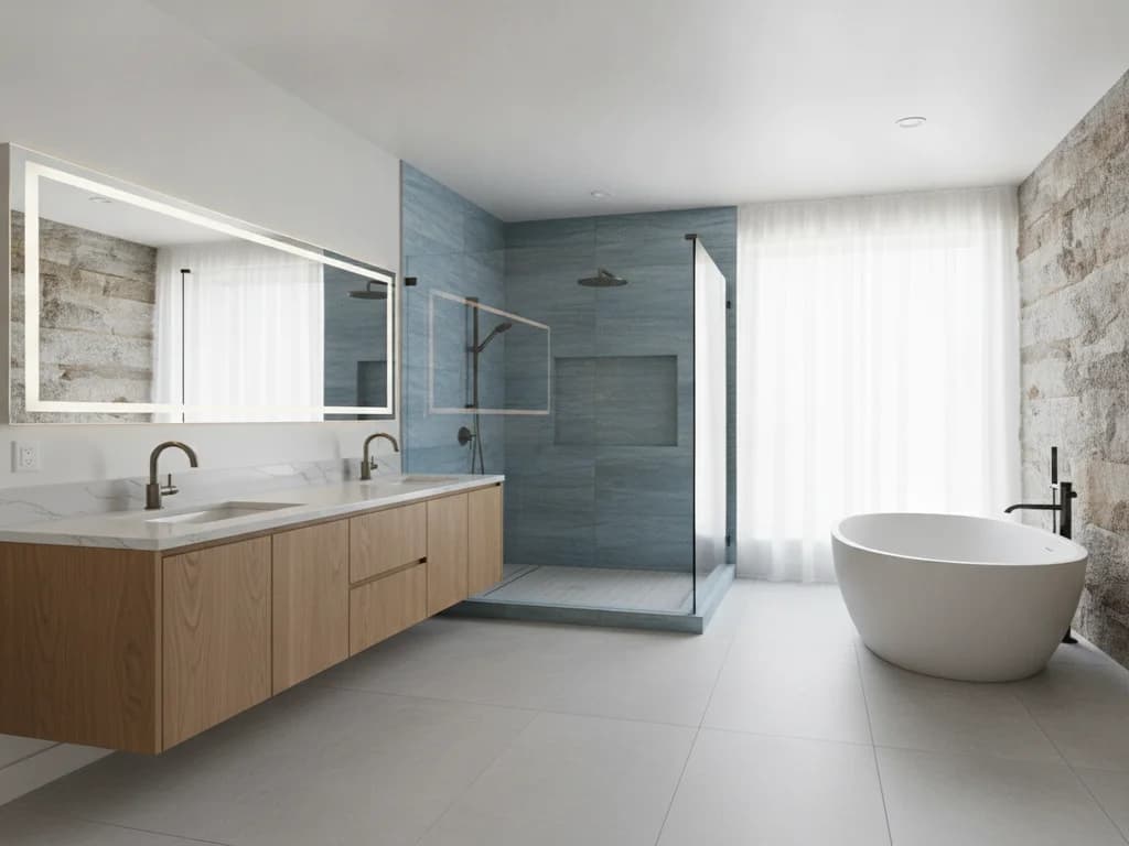 Single-lever shower valve and rain shower head in a glass-enclosed shower with blue tile, next to a freestanding tub