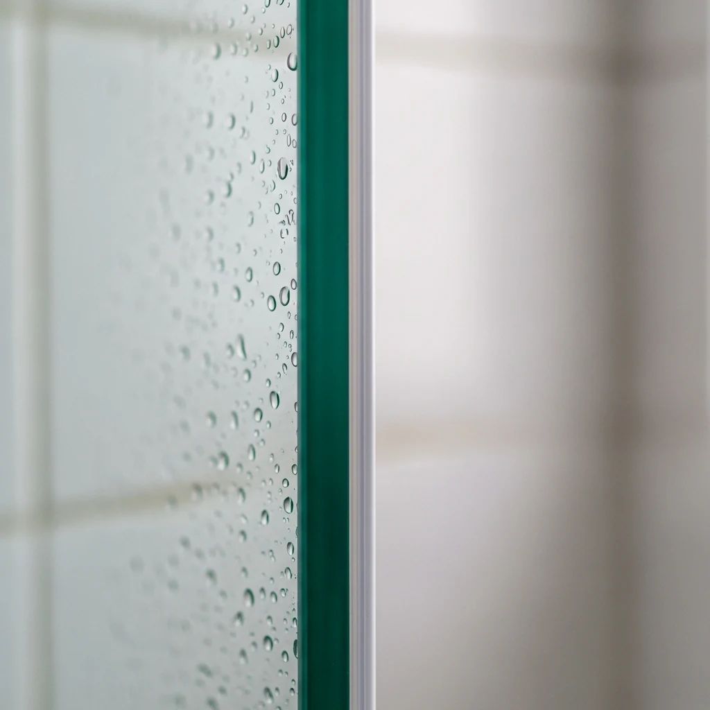 Close detail of a frameless glass shower panel edge with water droplets