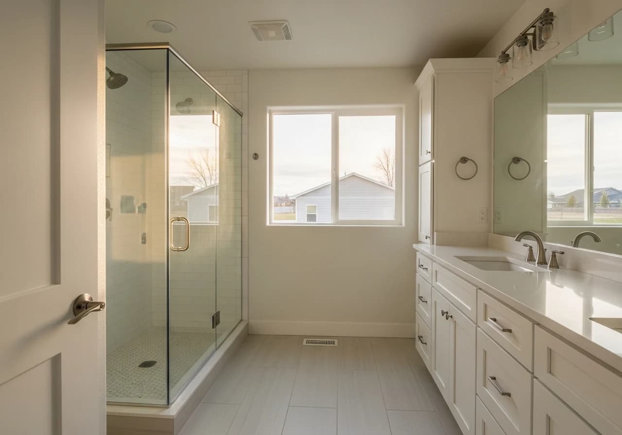 A corner shower with a glass door, white subway tile and a mosaic tile floor, built beside a white vanity and linen tower