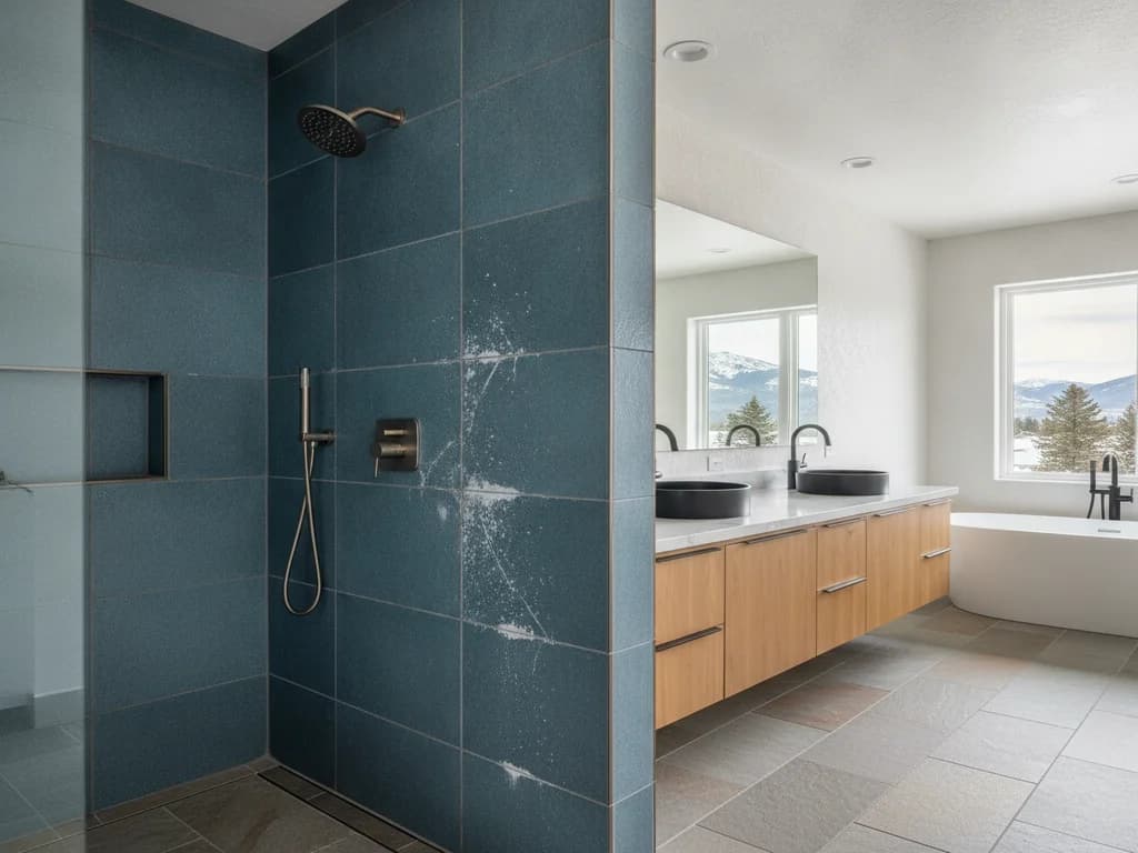 Blue shower tile wall with white mineral efflorescence staining bleeding through the grout lines, next to a double vanity with black vessel sinks