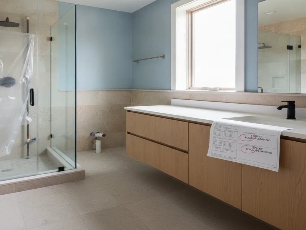 Bathroom mid-remodel with a shower wrapped in plastic sheeting and a rough-in plumbing inspection tag draped over the vanity, marked for shower and toilet rough plumbing