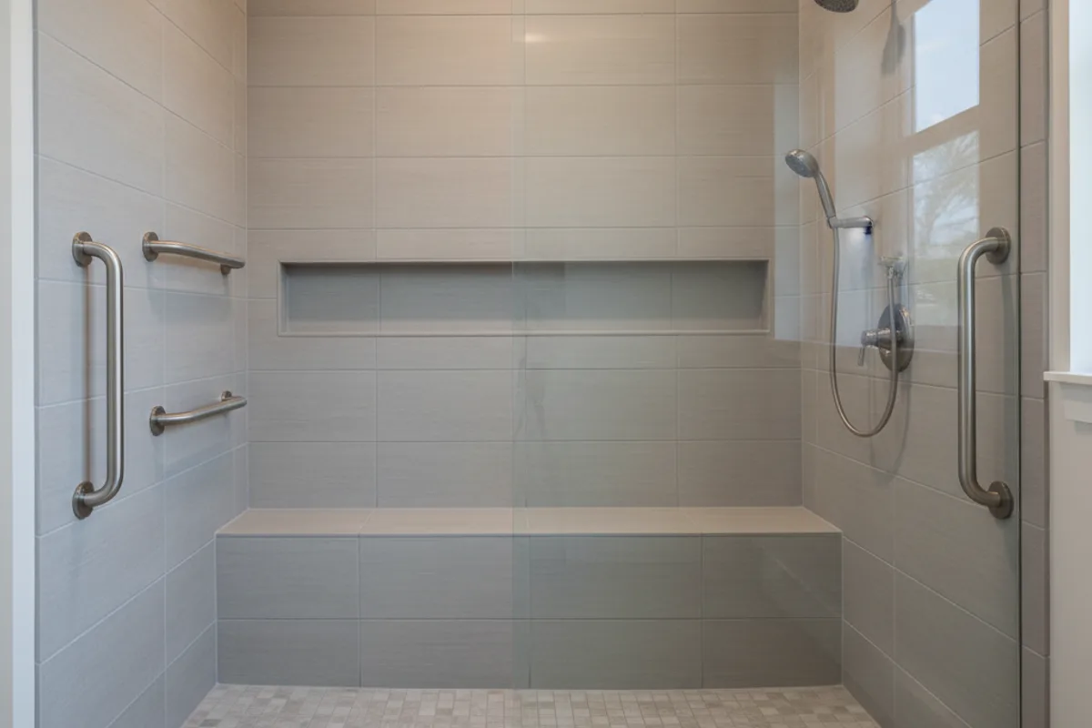A finished Caldwell walk-in shower with a full-width tiled bench, grab bars, a long niche and a handheld shower head