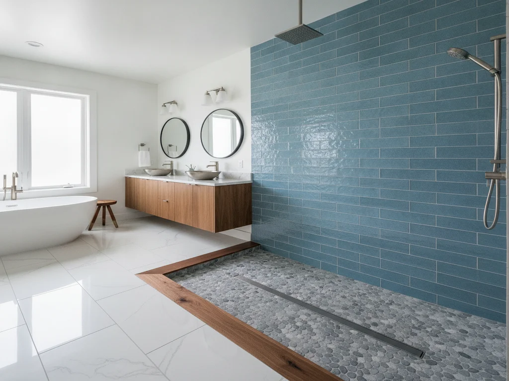 Zero-threshold shower entry with a linear drain and high-contrast floor edge