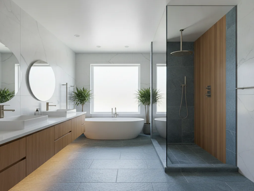 Curbless wet-room shower design concept with frameless glass and rainfall showerhead
