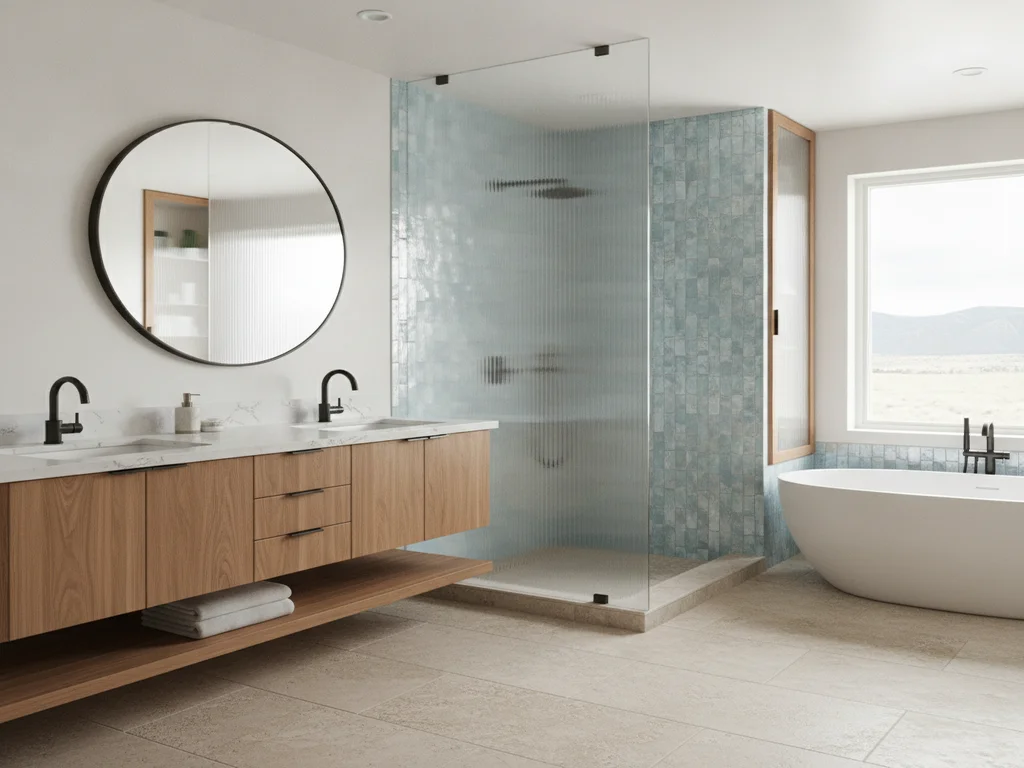 Bathroom texture trend concept with zellige tile, fluted glass and mixed-metal finishes