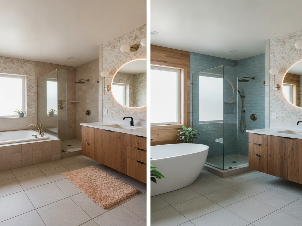 Comparison of a dated bathroom and a refreshed neutral bathroom showing buyer appeal