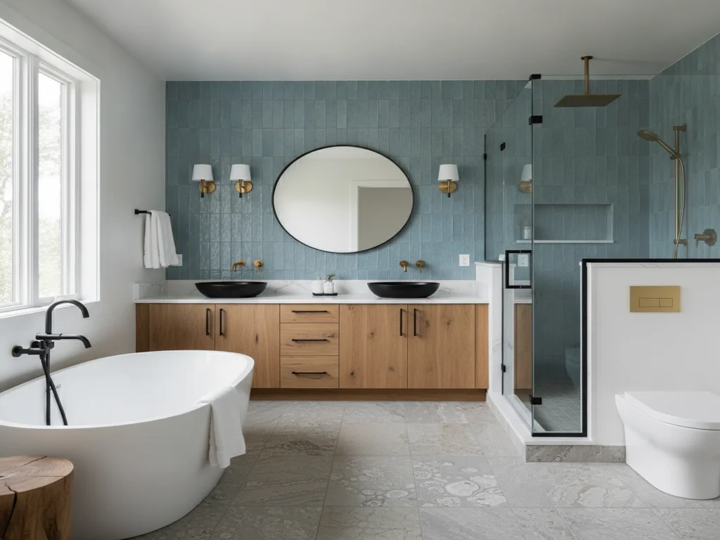Bathroom mixing matte black and brushed gold fixtures and hardware