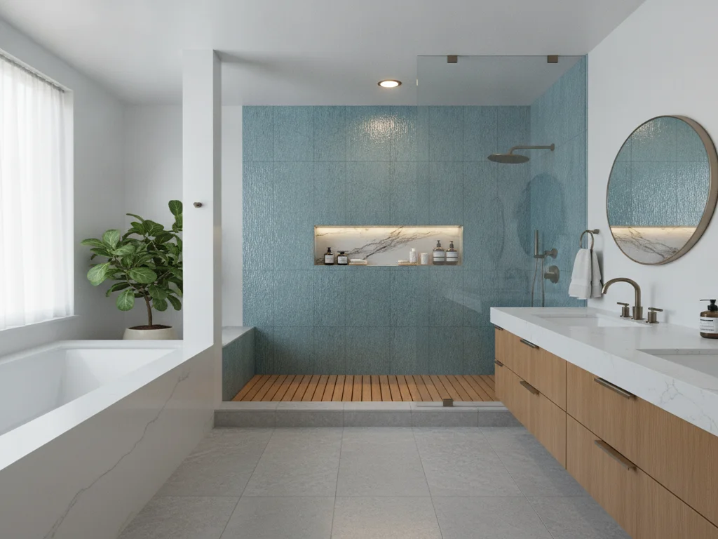 Walk-in shower lit by a wet-rated recessed fixture with a softly illuminated niche