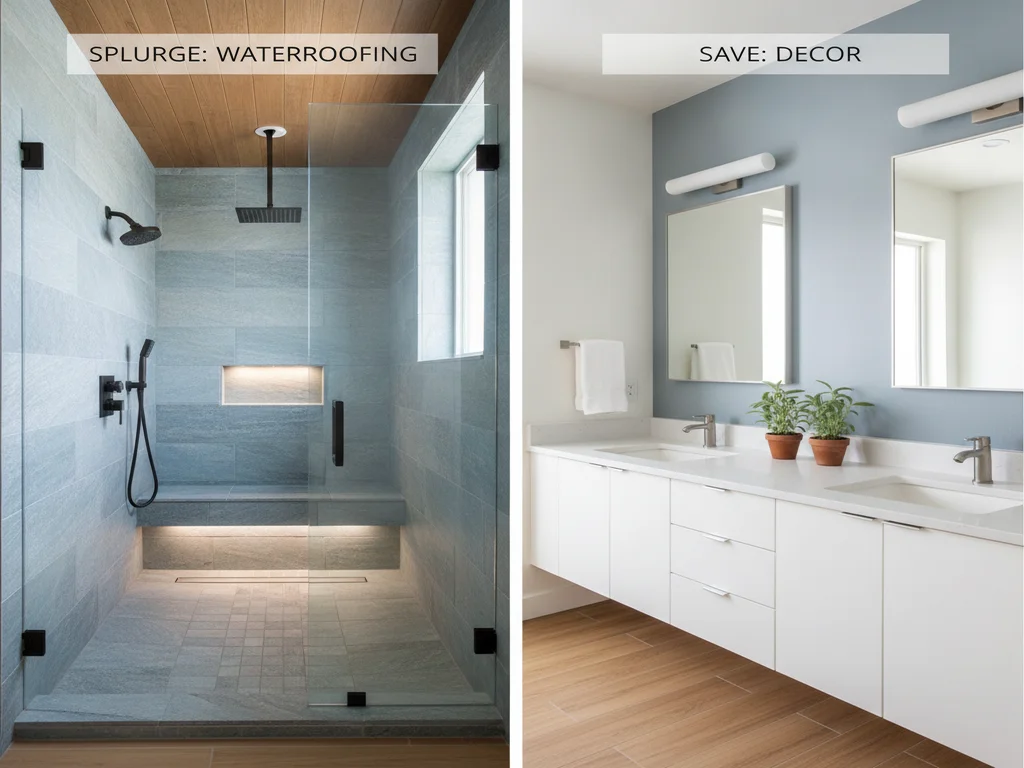 Split image contrasting where to splurge (waterproofing) and where to save (decor) in a bathroom remodel