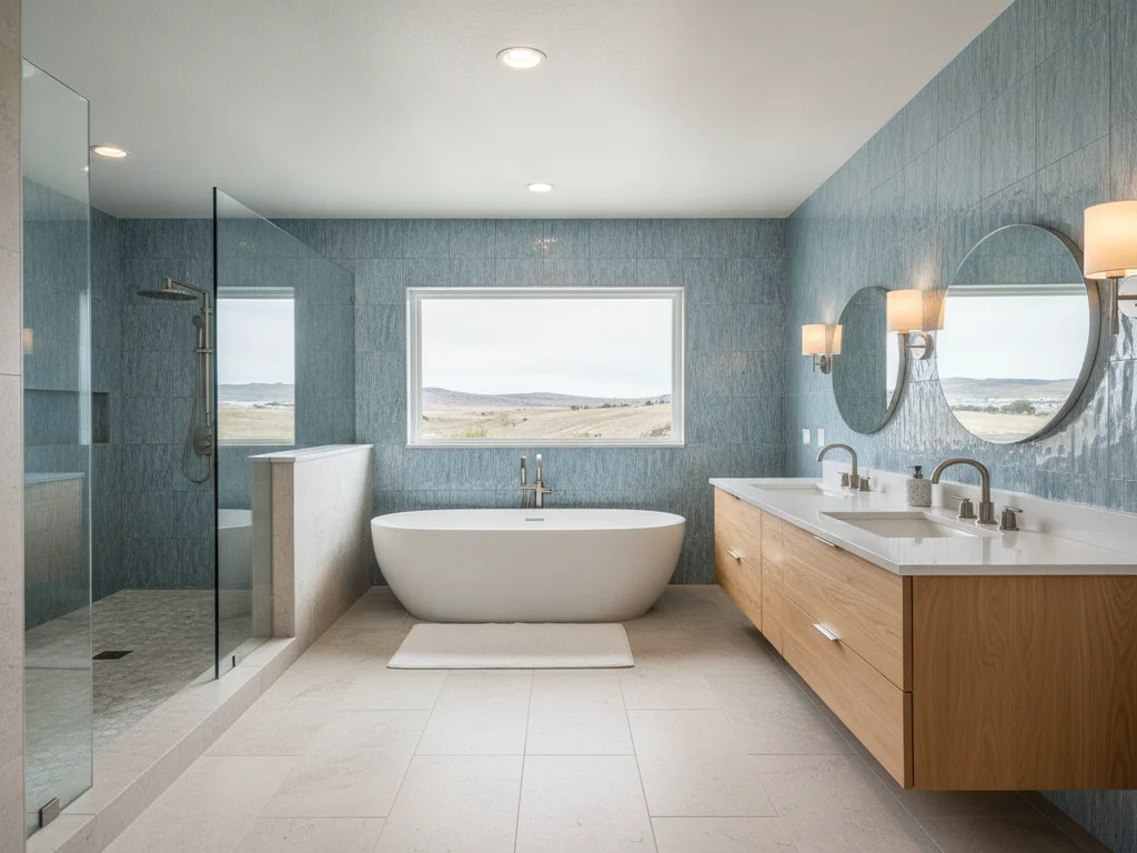 Spacious master bathroom with a double vanity, soaking tub, and large-format tile illustrating a larger remodel footprint