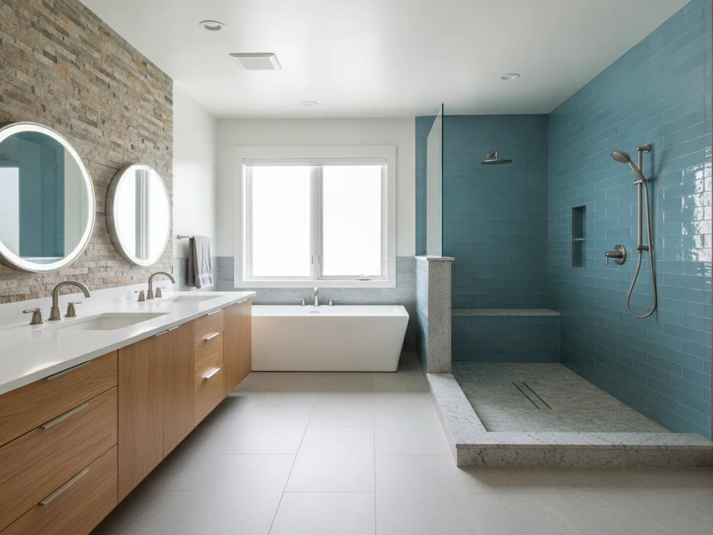Slip-resistant textured shower floor with a low curbless threshold to reduce trips