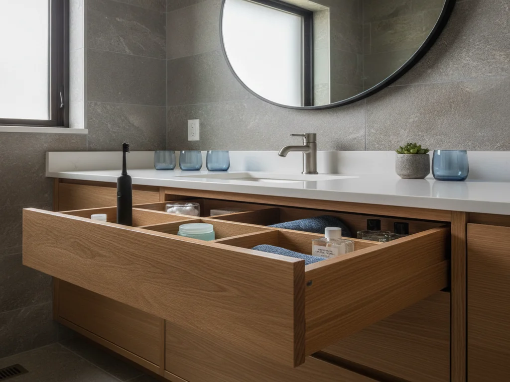 Organized vanity drawer with dividers and a U-shaped cutout around the plumbing