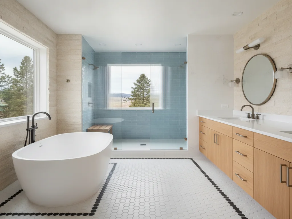 Bathroom floor with white hexagon tile and black hexagon border pattern next to a freestanding tub
