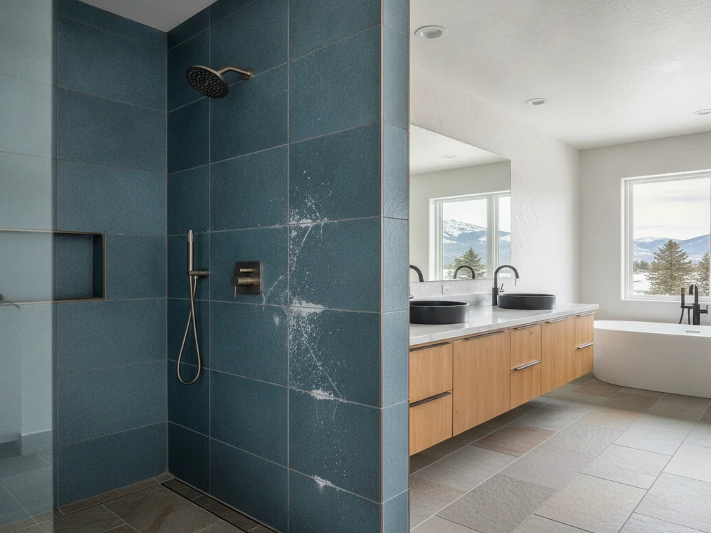 Efflorescence staining and loose tile at a shower corner indicating waterproofing failure