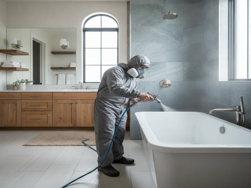 Close-up of a technician in a respirator mask spraying a glossy new coating onto a bathtub surface during a professional refinishing job