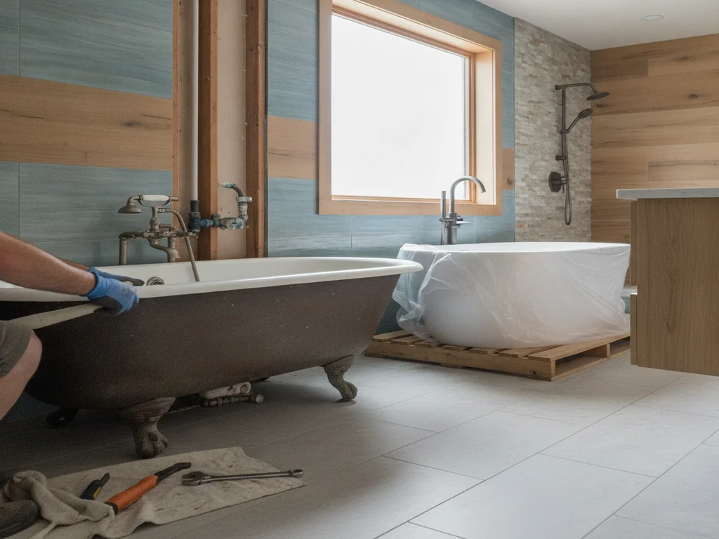 Close-up of a plumber disconnecting drain and supply lines from an old bathtub during a bathroom remodel, with a new tub staged nearby