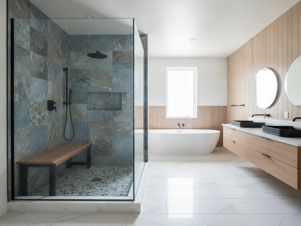 Zero-threshold doorless shower with a frameless glass panel and bench