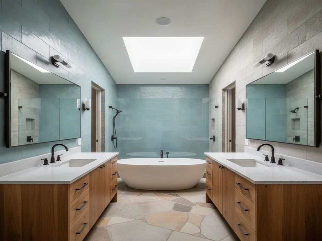 Two matching furniture-style vanities on opposite walls of a bathroom, each with its own mirror and sink