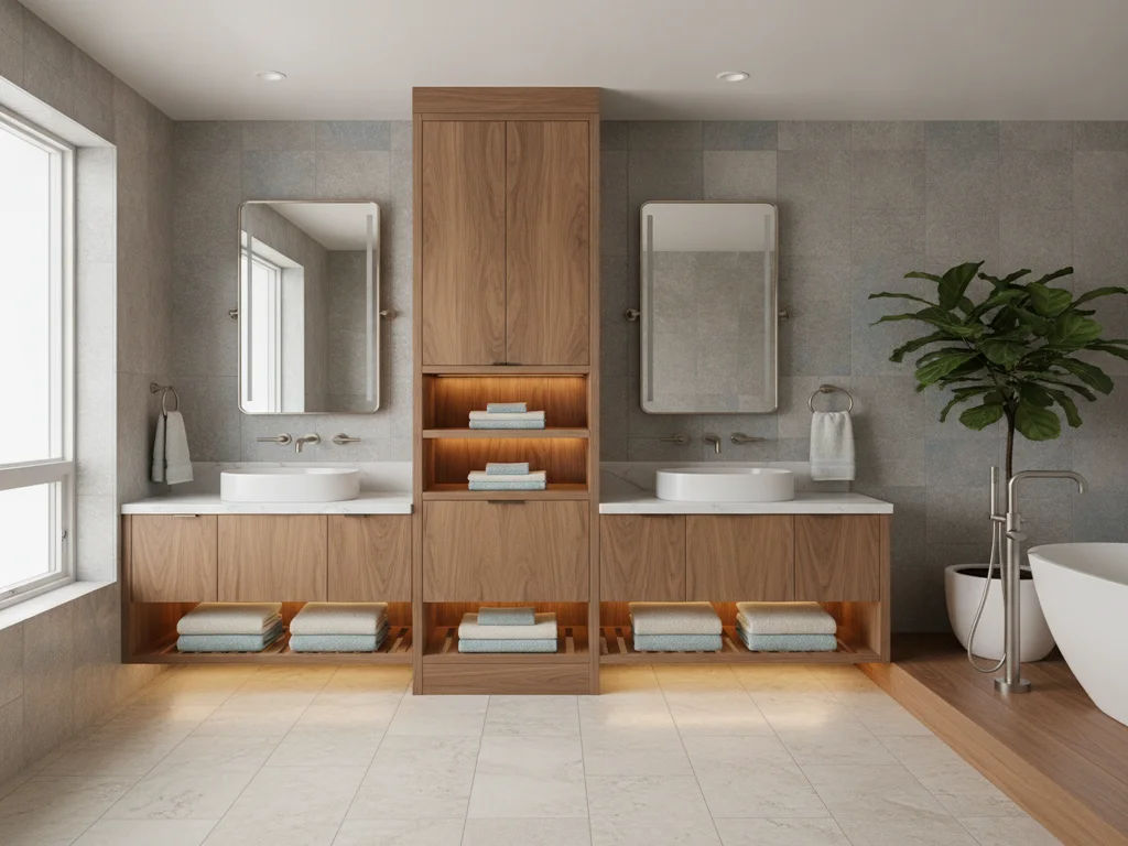 Floating double bathroom vanity in warm wood with a center storage tower dividing two sinks and open shelving below