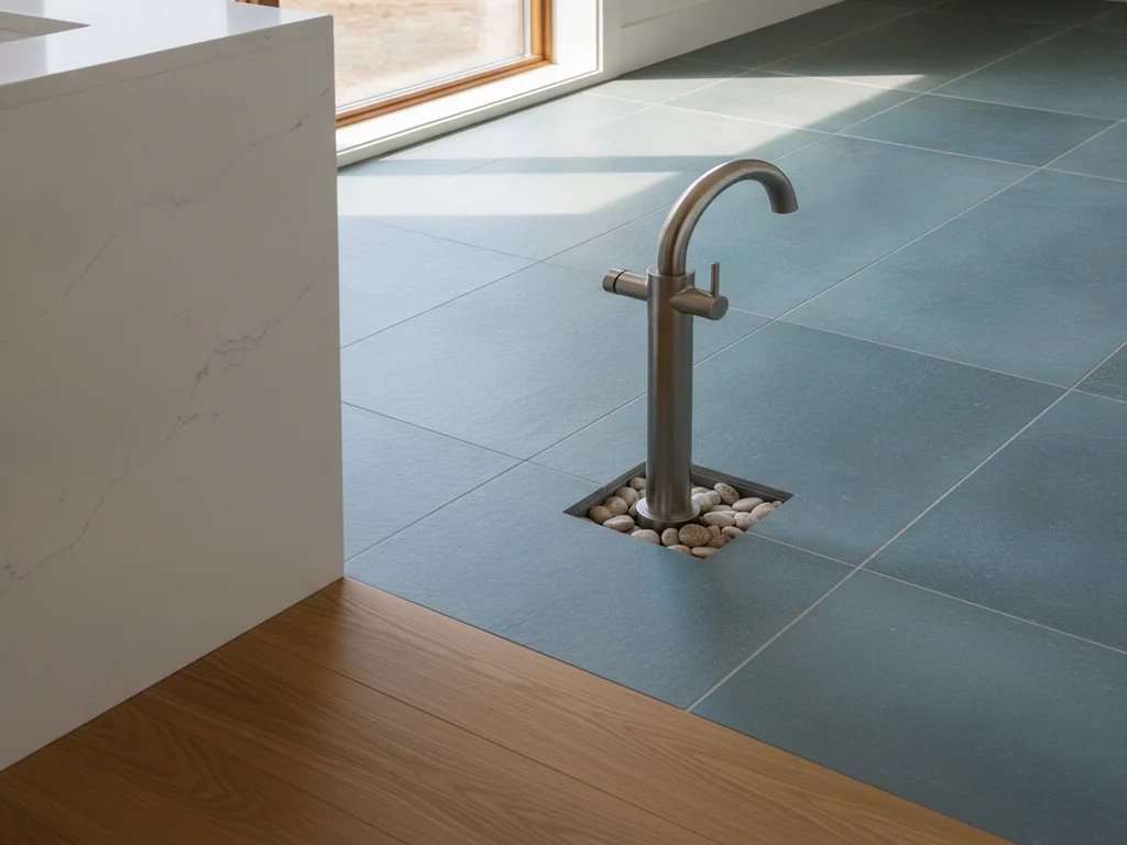 Close-up of a floor-mounted freestanding tub filler faucet plumbing connection rising through a tiled bathroom floor