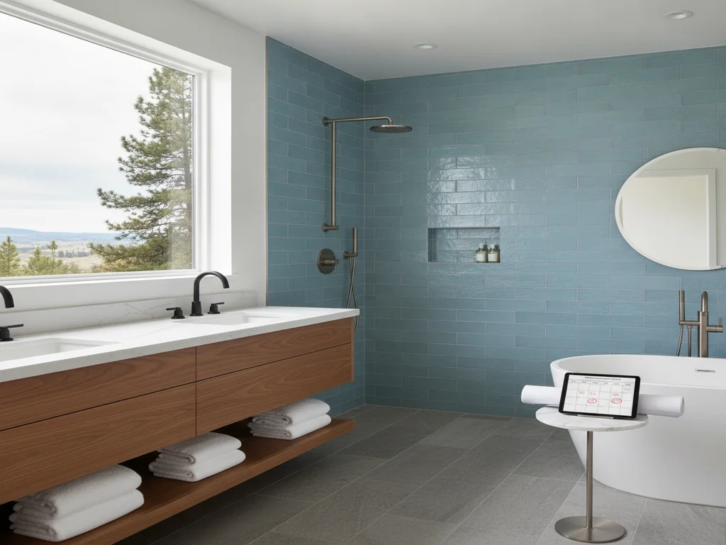 Contractor and homeowner reviewing a printed bathroom remodel schedule with material delivery dates marked on a calendar
