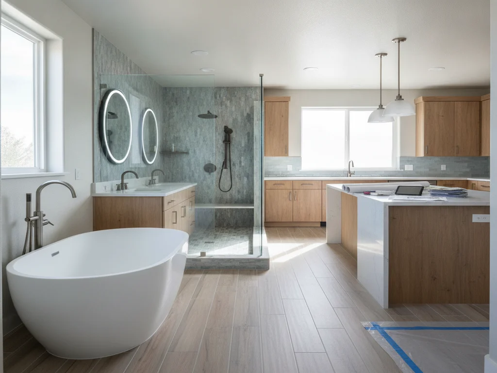 Homeowner and contractor reviewing a written daily schedule and work-hours agreement in a kitchen near a bathroom under renovation