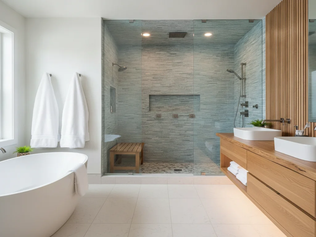 Spa steam shower design concept with body sprays and stone tile