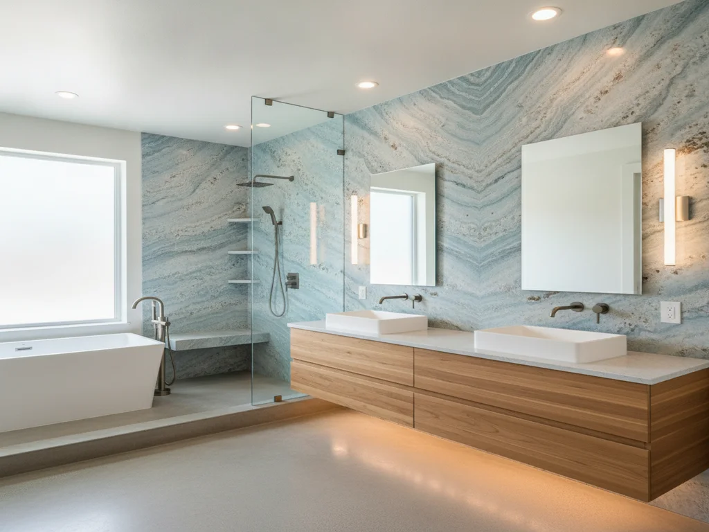 Luxury bathroom detail concept with floating double vanity, layered lighting and book-matched stone