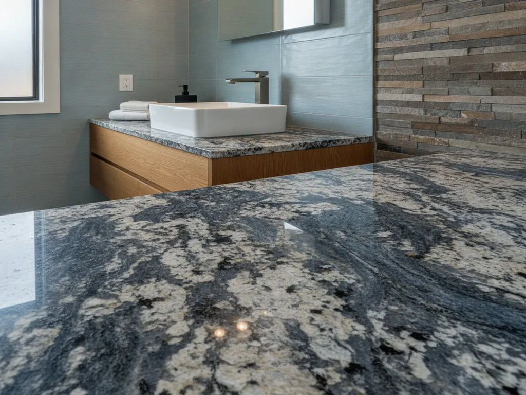 Close-up of a polished granite bathroom countertop slab showing natural mineral veining and speckled texture