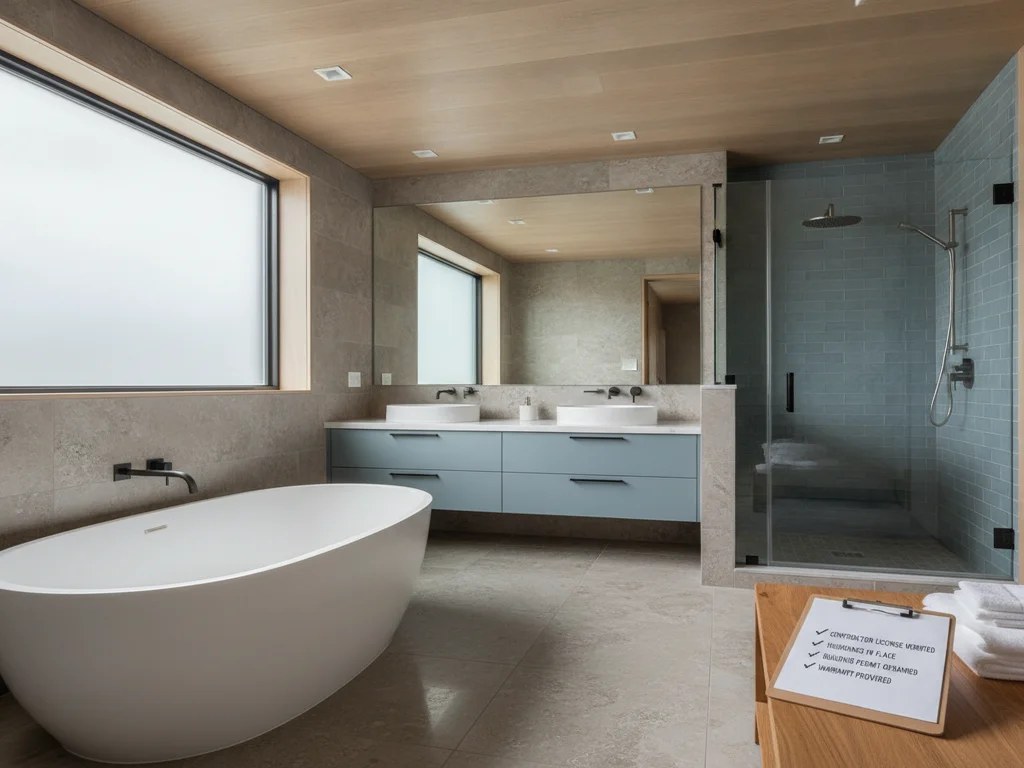 Contractor vetting checklist showing license, insurance, permit and warranty items
