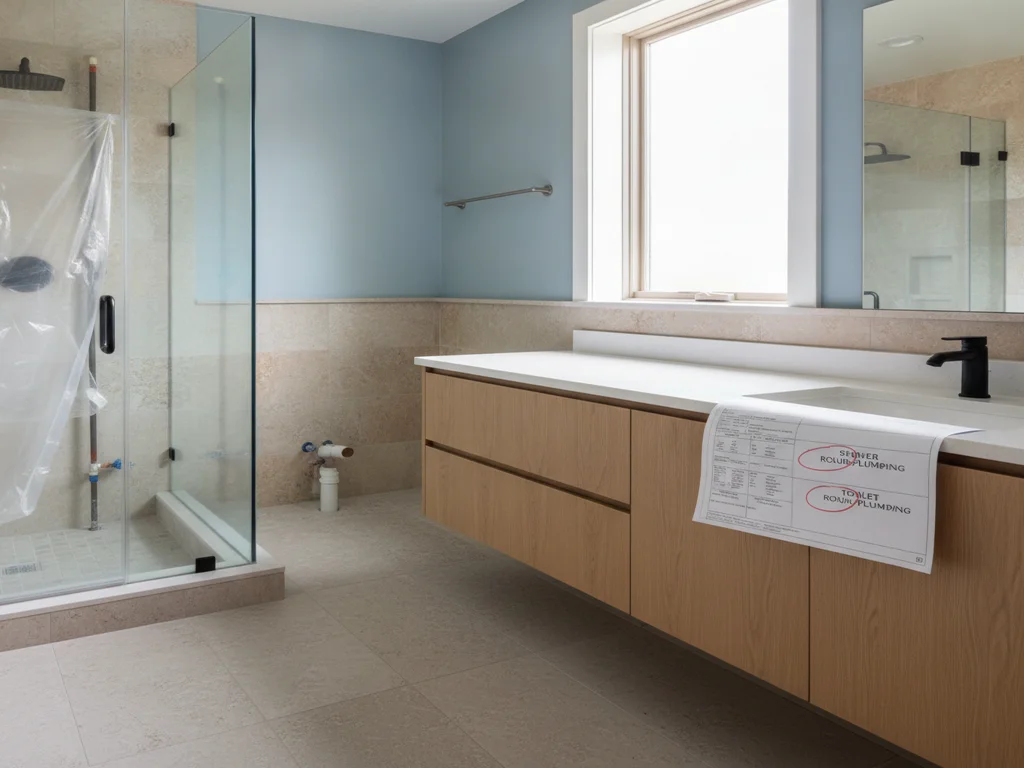 Contractor and homeowner reviewing a written construction schedule with the shower and toilet rough-plumbing dates circled in a home with only one bathroom
